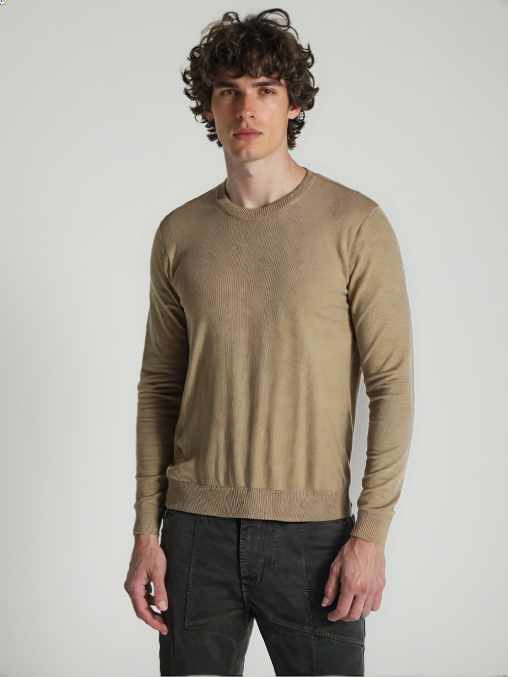 Crew Neck Beige Stonewashed Cotton
