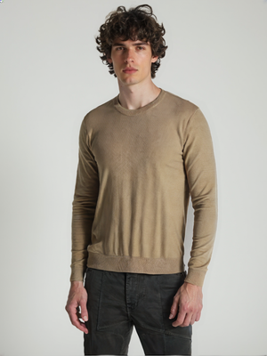 Crew Neck Beige Stonewashed Cotton