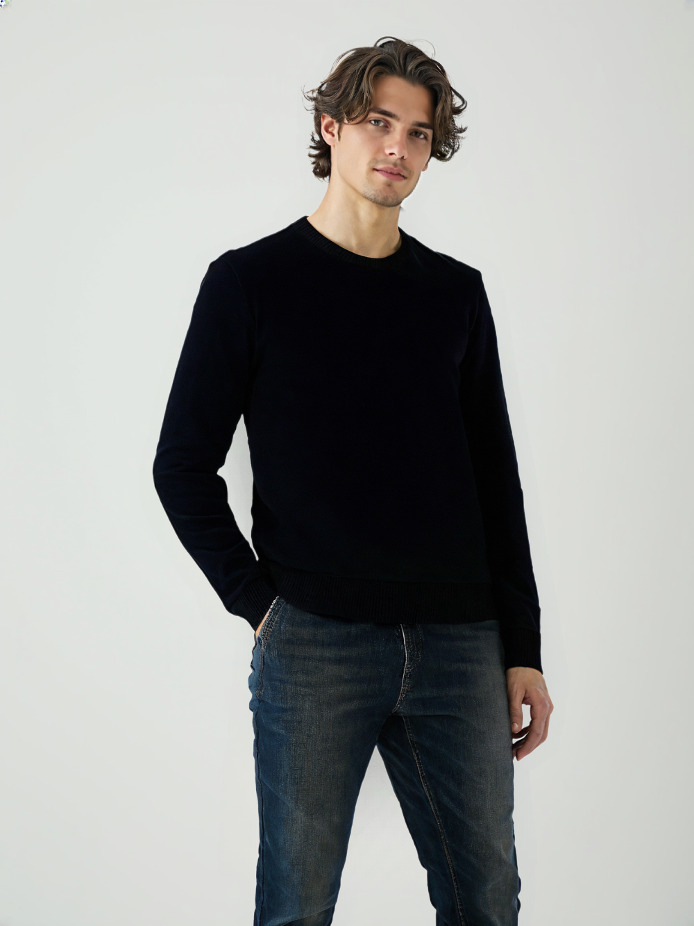 Crew Neck Black Stonewashed Knitted Sweater