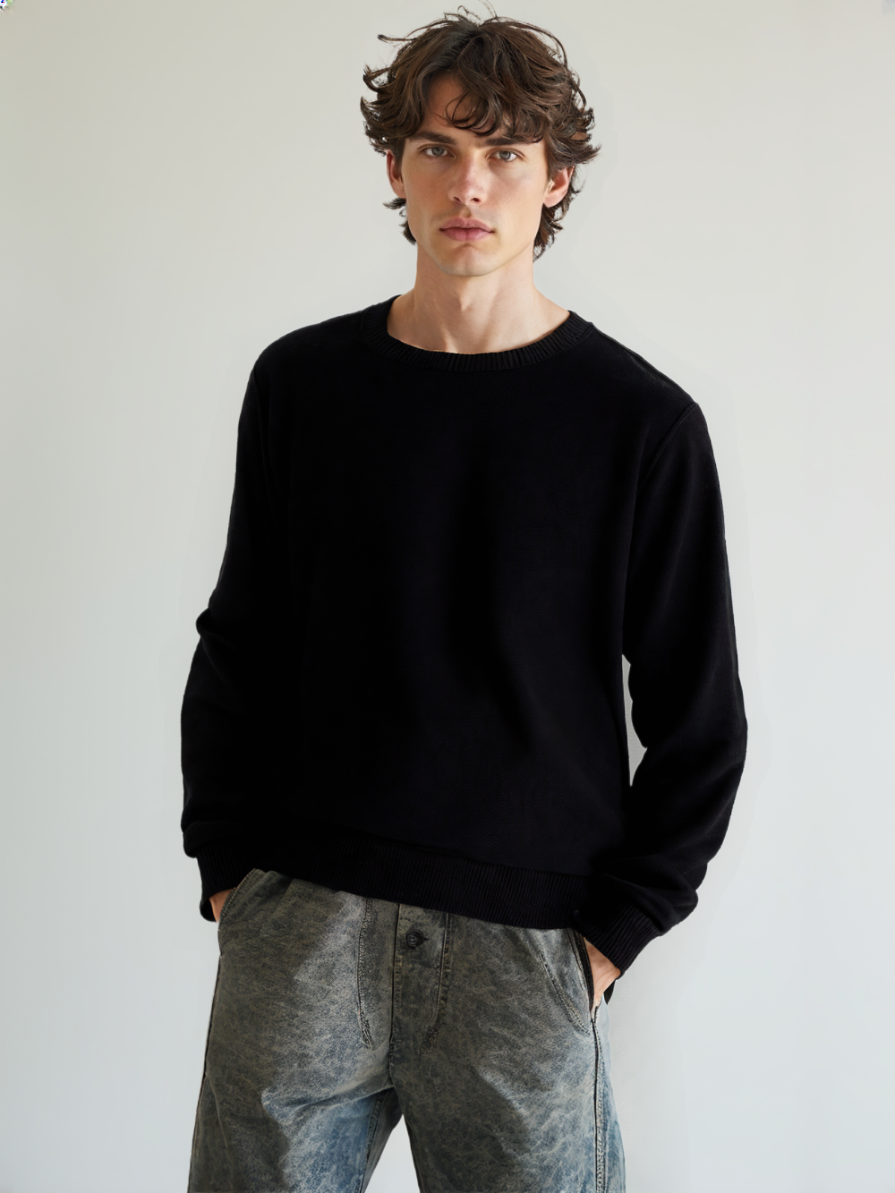 Crew Neck Black Stonewashed Knitted Sweater